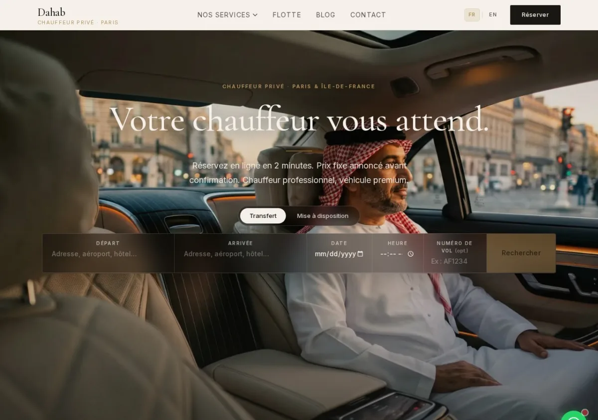 Page d'accueil du site Dahab, service de chauffeur privé à Paris