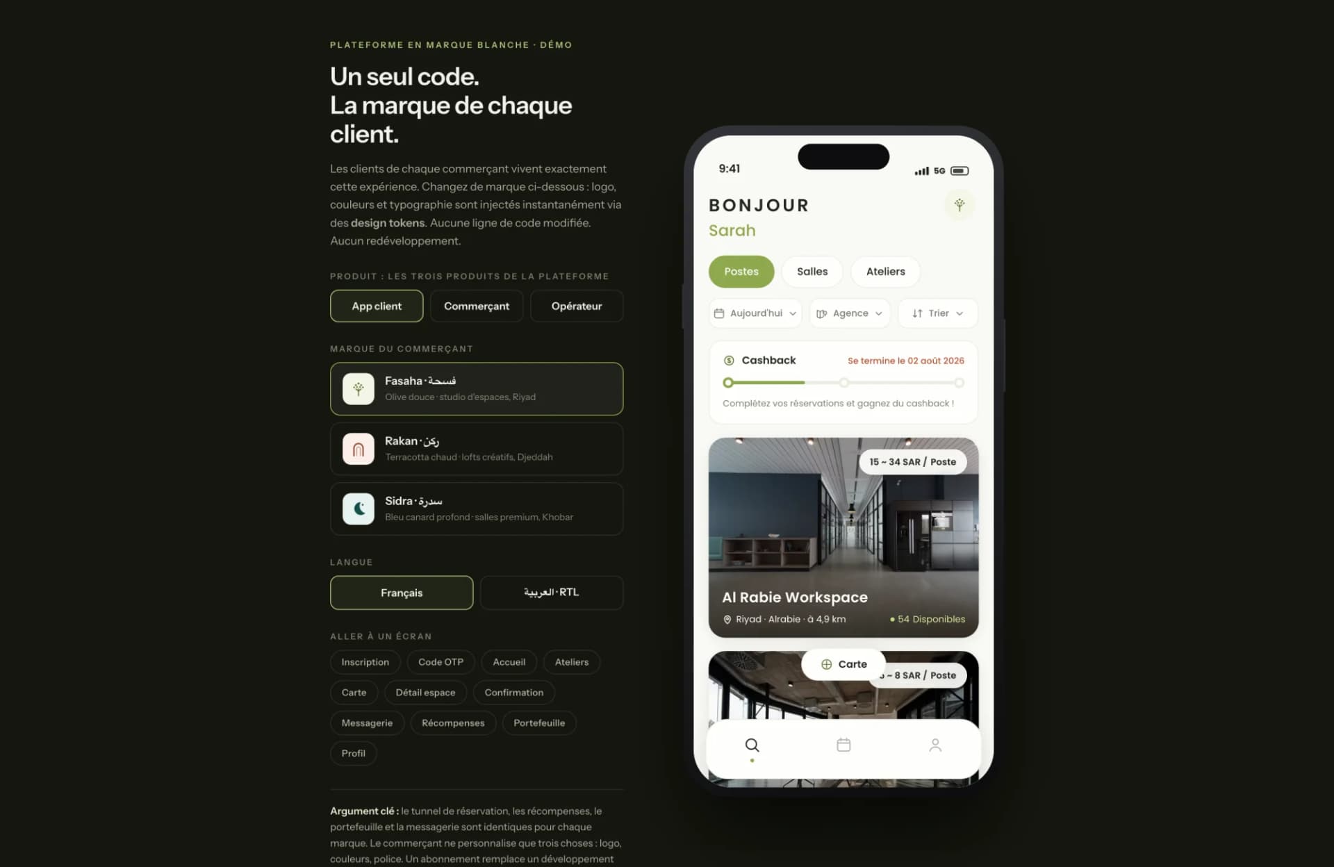 Démo d'une plateforme white-label multi-marques : une base de code, la marque de chaque commerçant injectée en design tokens